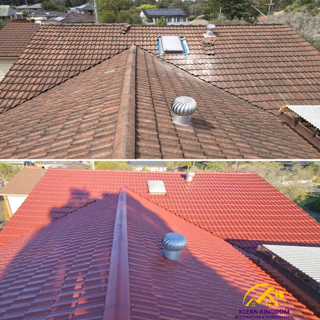 Full concrete roof restoration in Constitution Hill, Sydney — cleaned, repaired and coated with IRC roof membrane by Klean Kingdom Before and after concrete tile roof restoration in Constitution Hill, Sydney, coated with IRC roof membrane by Klean Kingdom
