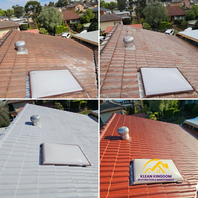 Full concrete roof restoration in Constitution Hill, Sydney — cleaned, repaired, repointed and coated with IRC roof membrane in Manor Red by Klean Kingdom Before and after concrete roof restoration in Constitution Hill, Sydney — repointing, high build primer and Manor Red roof membrane coating by Klean Kingdom
