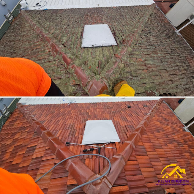 Terracotta Roof Clean Lidcombe Sydney | Klean Kingdom Restoration & Maintenance Before and after terracotta roof clean inLidcombe, Sydney — lichen, moss and mould removed by Klean Kingdom