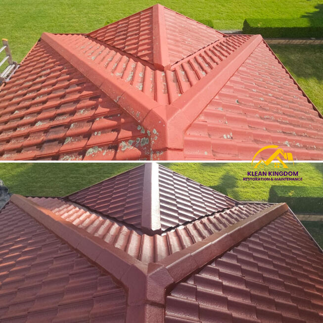 Double storey concrete roof restoration in North Turramurra, Sydney — cleaned and coated with IRC roof membrane in Manor Red by Klean Kingdom Before and after concrete roof restoration on a double storey home in North Turramurra, Sydney, coated with IRC roof membrane