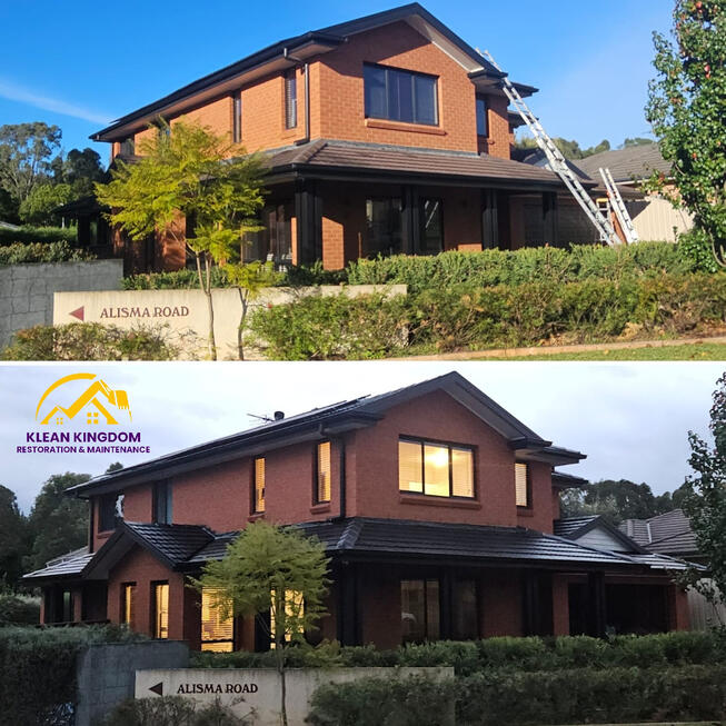 Full concrete roof restoration in Mount Annan, Sydney — cleaned, repaired and coated with Dulux AcraTex roof membrane by Klean Kingdom Before and after concrete tile roof restoration on a two storey home in Mount Annan, Sydney, coated with Dulux AcraTex by Klean Kingdom