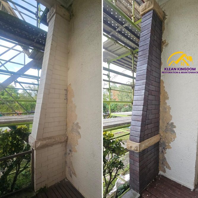 Heritage paint stripping, Hunters Hill — brick pillar before and after Before and after heritage paint stripping, dark brick pillar, Hunters Hill