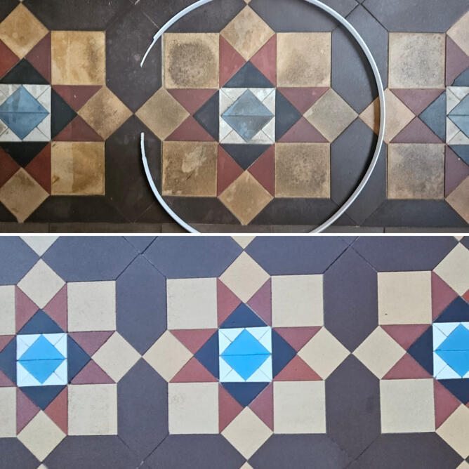 Heritage tessellated tiles restored — re-adhered, cleaned, regrouted and sealed, Eastwood Before and after: heritage tessellated tile repair and sealing, Eastwood Sydney