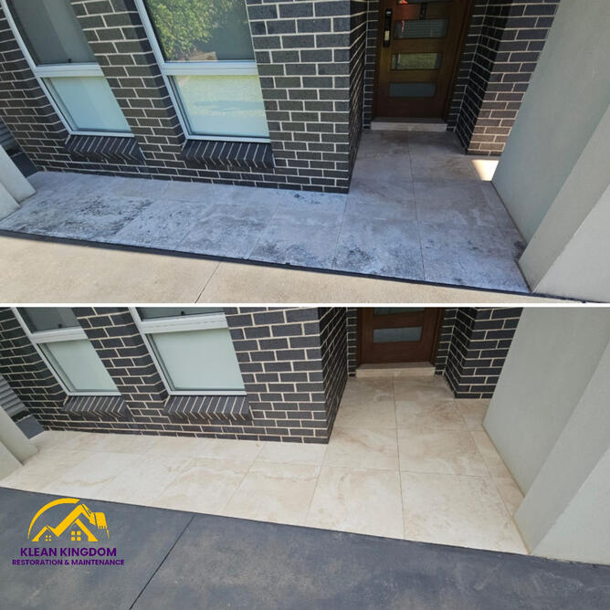 This travertine entryway in Pymble was headed for a costly rip-out and replacement. Klean Kingdom cleaned and sealed it instead — full restoration, no demolition needed. Travertine entryway before and stunning after cleaning and sealing in Pymble, Sydney — restored rather than replaced, by Klean Kingdom