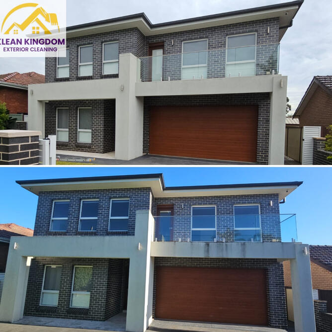 Heavy black mould removed from the facade and balcony during this house wash in Pymble — a dramatic clean-up ahead of sale. Before and after heavy black mould removal from a rendered facade and balcony during a house wash in Pymble, Sydney, by Klean Kingdom