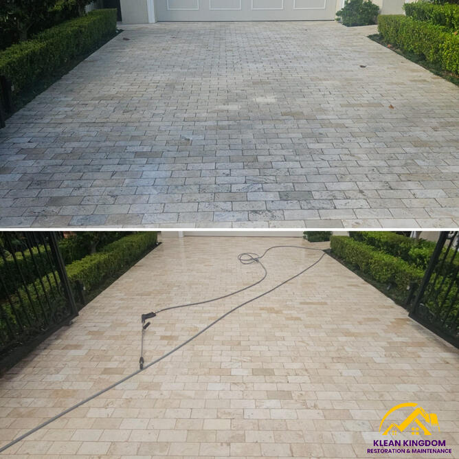 Before and after travertine driveway clean, Roselands. A dramatic uplift restoring the paver's true luxury finish. Before and after travertine driveway cleaning in Roselands, Sydney — dramatic uplift restoring the paver's natural luxury finish, by Klean Kingdom