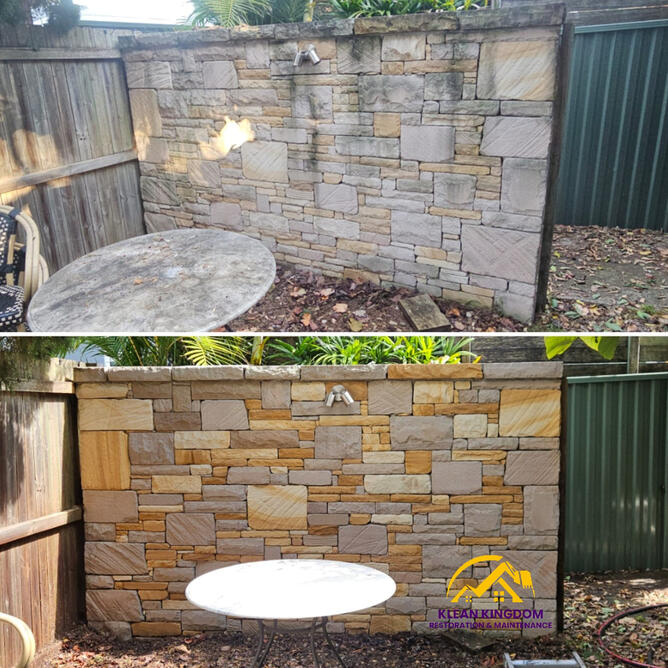 Stunning sandstone restoration in a Marrickville garden — cleaned and sealed to bring back its natural colour and protect it for years to come. Sandstone feature wall in Marrickville, before and after cleaning and sealing — mould and grime lifted to reveal warm honey and grey tones, protected long-term by Klean Kingdom