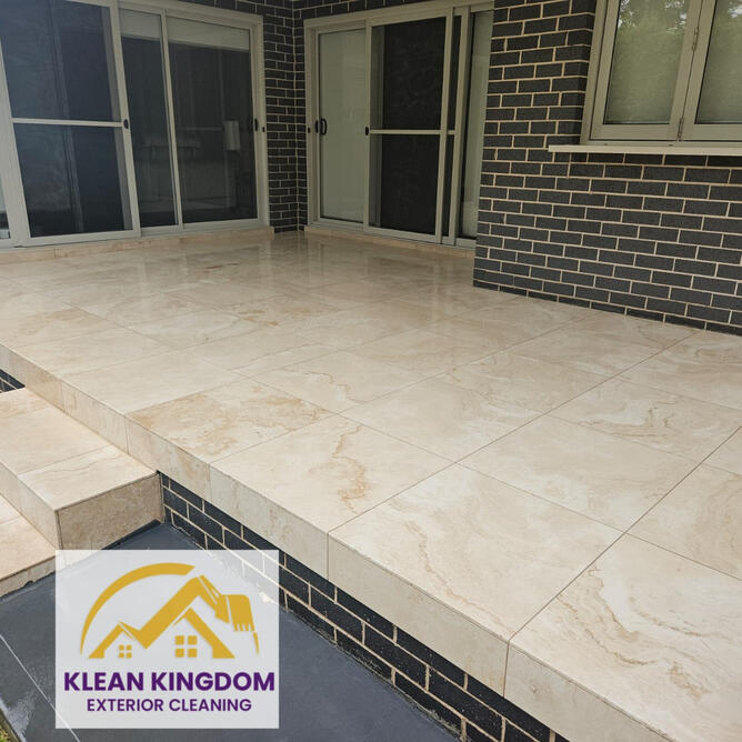 Full travertine patio clean and seal in Pymble — the restoration bringing the whole outdoor area back to life. Large travertine patio cleaning and sealing in Pymble, Sydney, by Klean Kingdom