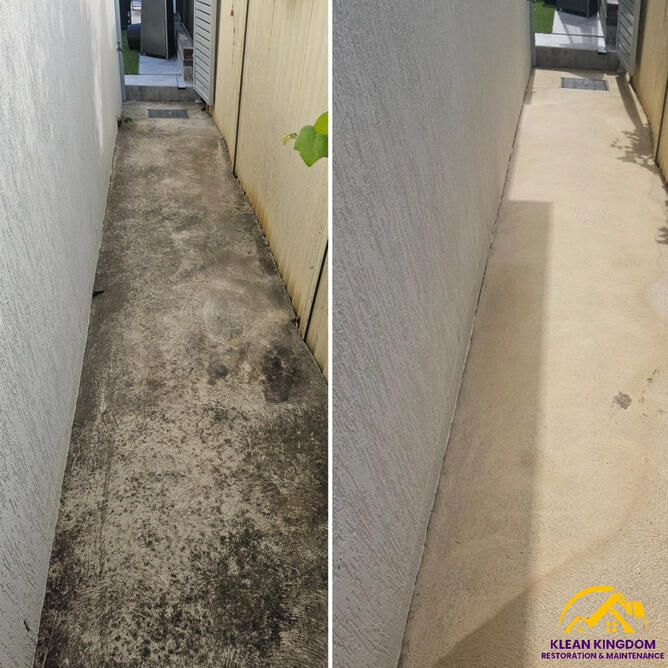 Side pathway transformation in Merrylands — years of black mould and dirt lifted, restoring a clean, safe, hygienic surface. Before and after side pathway cleaning in Merrylands, Sydney — black mould and dirt removed, original concrete surface restored by Klean Kingdom