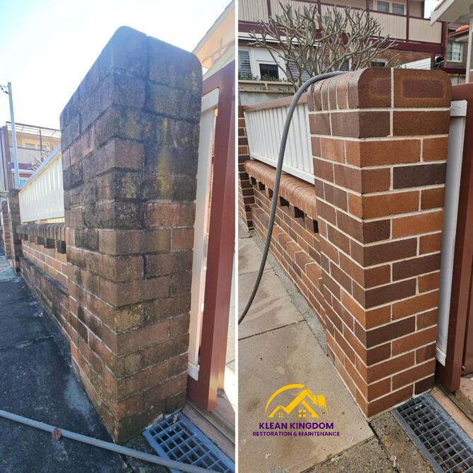 Astonishing transformation on a brick fence in Five Dock — years of mould and dirt build-up removed using the right cleaning process, revealing the brick's true surface and colour underneath. Incredible before and after brick fence and pillar cleaning in Five Dock, Sydney — mould, moss and dirt build-up removed by Klean Kingdom