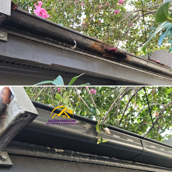 Rusted gutter replacement with Colorbond on a heritage cottage, Marrickville — old guttering removed and replaced to stop water damage before it reached the roofline and walls. Colorbond gutter replacement on rusted heritage cottage roof, Marrickville, Sydney — Klean Kingdom