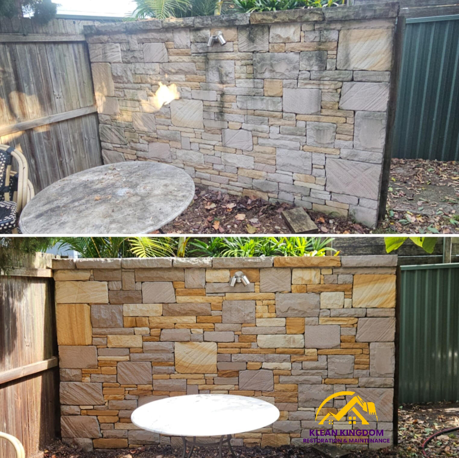Sandstone wall cleaning and restoration in Marrickville, Sydney — years of dirt and grime removed, natural stone colour restored Sandstone wall cleaning and sealing in Marrickville, Sydney, restoring natural stone colour and protecting against weathering