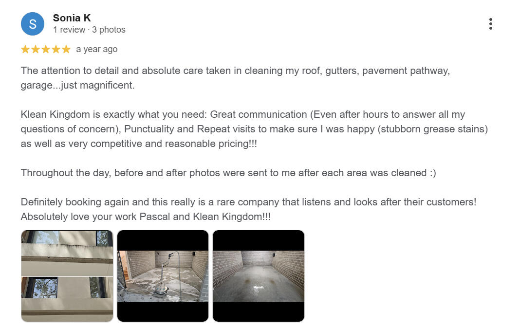 5-star Google review: roof, gutter, pathway & garage cleaning — Klean Kingdom, Annandale